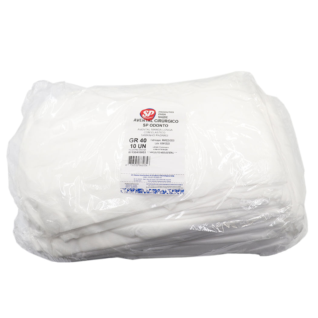 Avental Manga Longa com Elástico Tamanho Padrão Branco Gr40 com 10 - SP Odonto