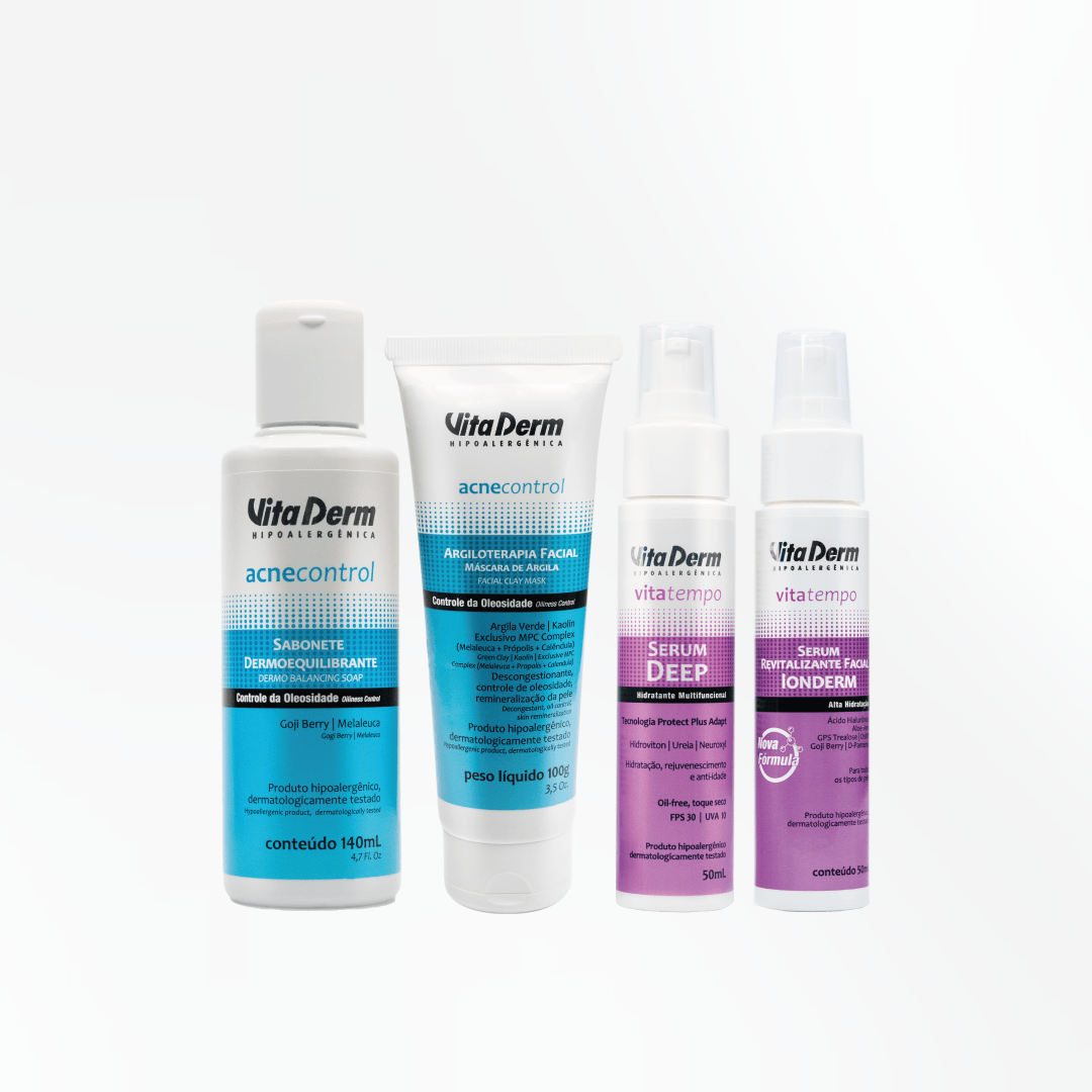 Encontraproduto.com.br - Kit Pele Mista - Sabonete Dermoequilibrante Acne Control + Argiloterapia Facial Acne Control + Serum Deep  + Serum  Facial Ionderm