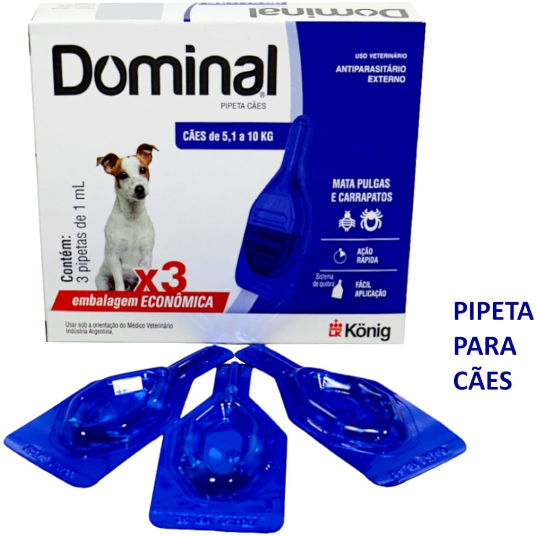 DOMINAL PIPETA PARA CÃES 5,1 A 10KG 1ML AZUL COM 3 UNID. KIT COM 10 CXS