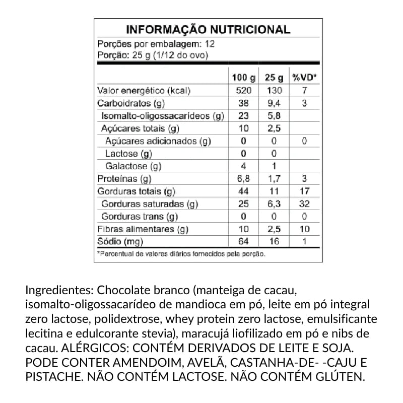 Ovo de Chocolate Branco Haoma com Maracujá e Nibs de Cacau Sem Açucar  - 300g