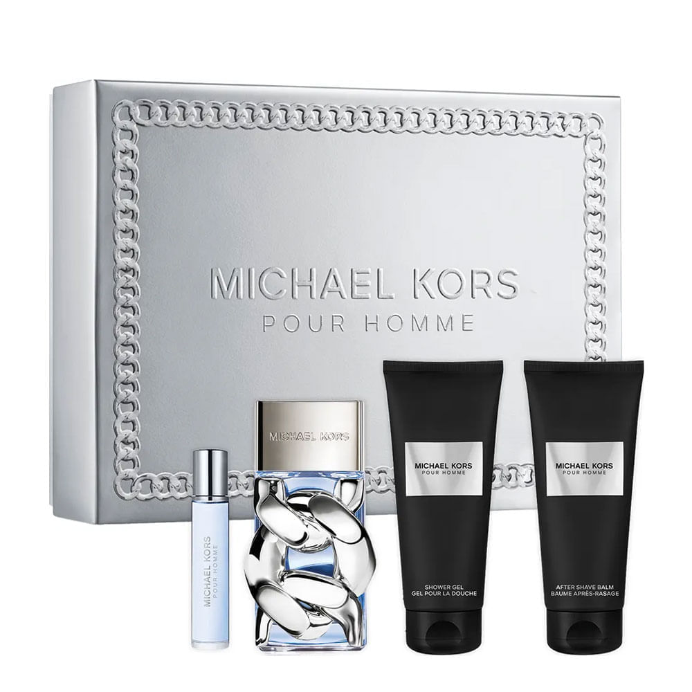 Encontraproduto.com.br - Kit Michael Kors Pour Homme Masculino - Edp 100ml + Travel Spray 10ml + Pó-barba 100ml + Shower Gel 100ml
