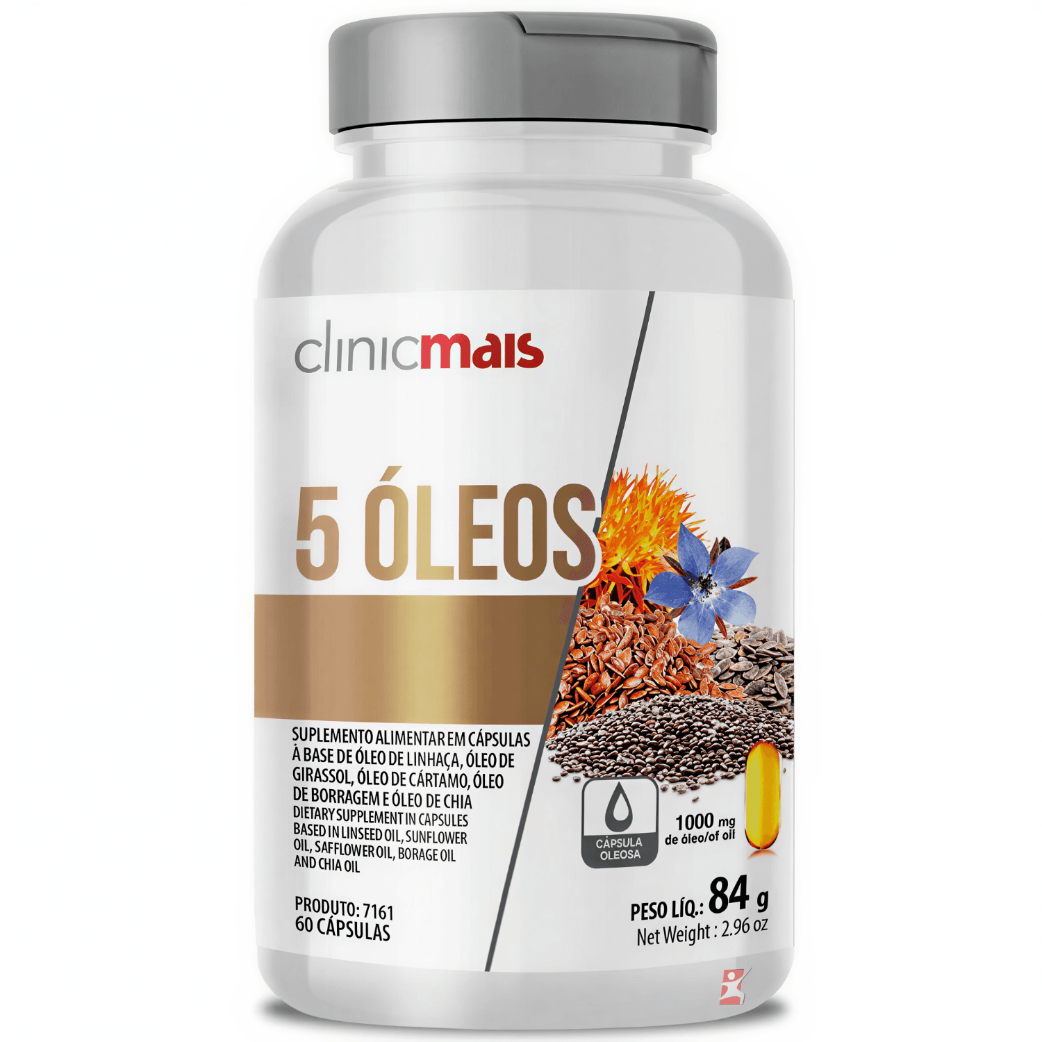 Óleo de Linhaça, Girassol, Cartamo, Borragem e Chia 1000mg 60 Cápsulas - Clinicmais