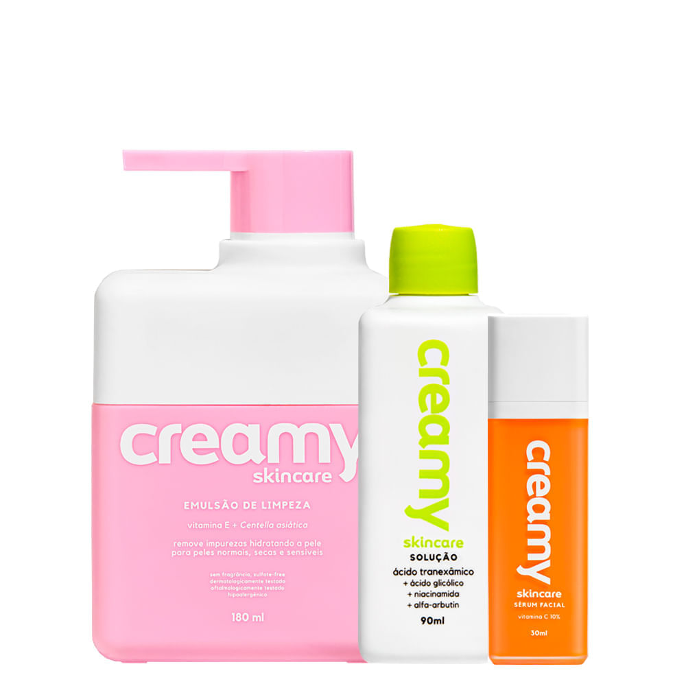 Kit Facial Creamy - Ácido Tranexamico 90ml + Emulsão de Limpeza 180ml + Sérum Facial Vitamina C 30ml